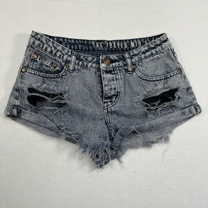 The Frayed Mid Rise Button Fly Jean Shorts Women SZ 4 Distressed Gray Wash Denim